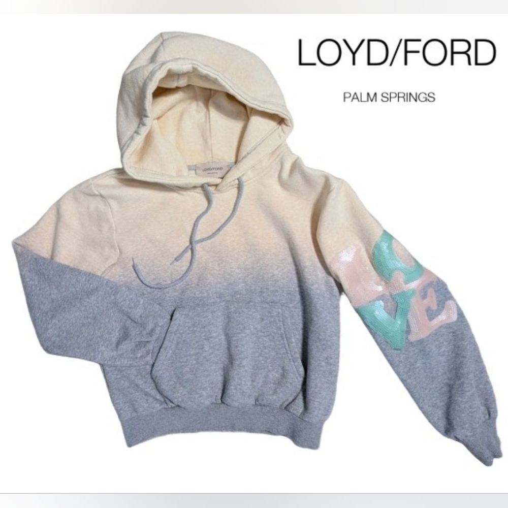 Loyd/Ford Palm Springs Gray Pink Ombre Sequin LOVE Hoodie Sweatshirt Small